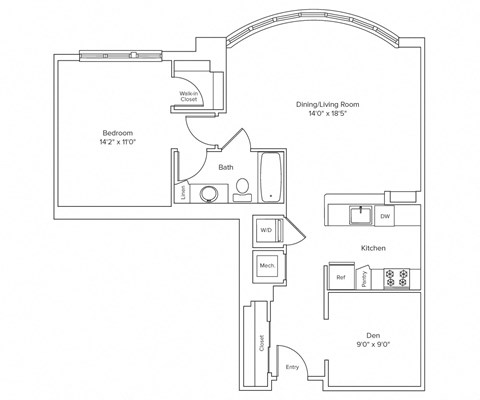 Floor plan for 1 bed, 1 bath, 905 sqft